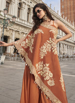 Thumbnail for Vegaa Fashion Orange Crepe Silk Embroidered Western Palazzo With Blouse