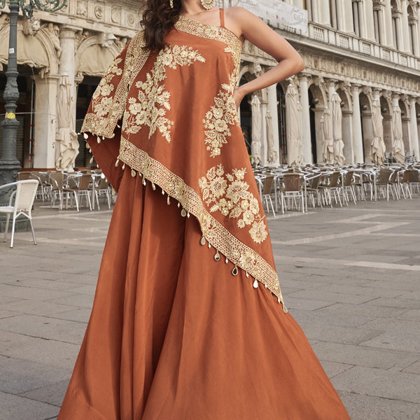 Vegaa Fashion Orange Crepe Silk Embroidered Western Palazzo With Blouse