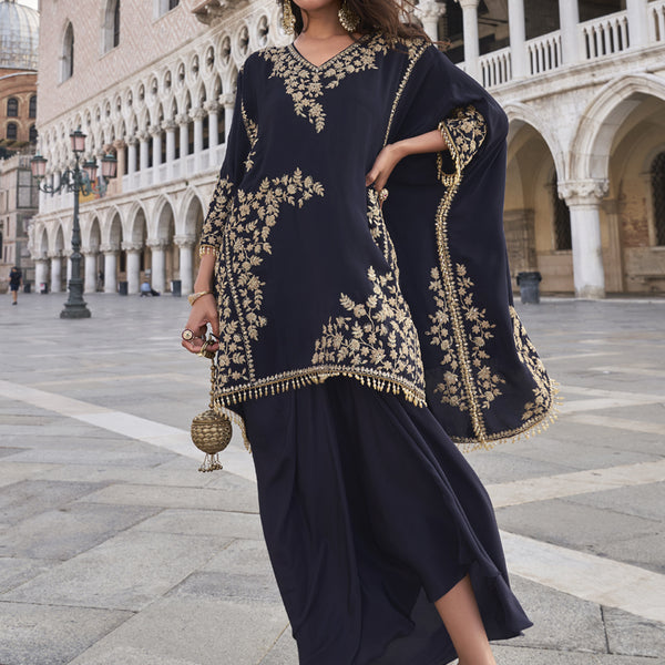 Vegaa Fashion Blue Crepe Silk Embroidered Western Palazzo Suit