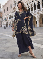 Thumbnail for Vegaa Fashion Blue Crepe Silk Embroidered Western Palazzo Suit
