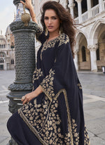 Thumbnail for Vegaa Fashion Blue Crepe Silk Embroidered Western Palazzo Suit