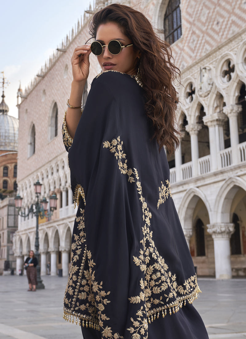 Vegaa Fashion Blue Crepe Silk Embroidered Western Palazzo Suit - Distacart