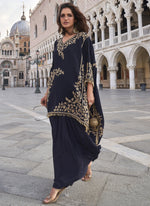 Thumbnail for Vegaa Fashion Blue Crepe Silk Embroidered Western Palazzo Suit