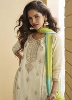 Thumbnail for Vegaa Fashion Off White Chinon Silk Embroidered Designer Palazzo Suit