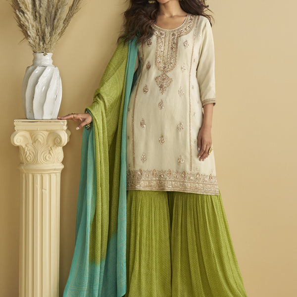 Vegaa Fashion Off White Chinon Silk Embroidered Designer Palazzo Suit