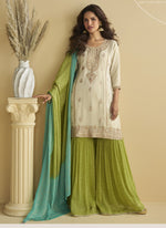 Thumbnail for Vegaa Fashion Off White Chinon Silk Embroidered Designer Palazzo Suit