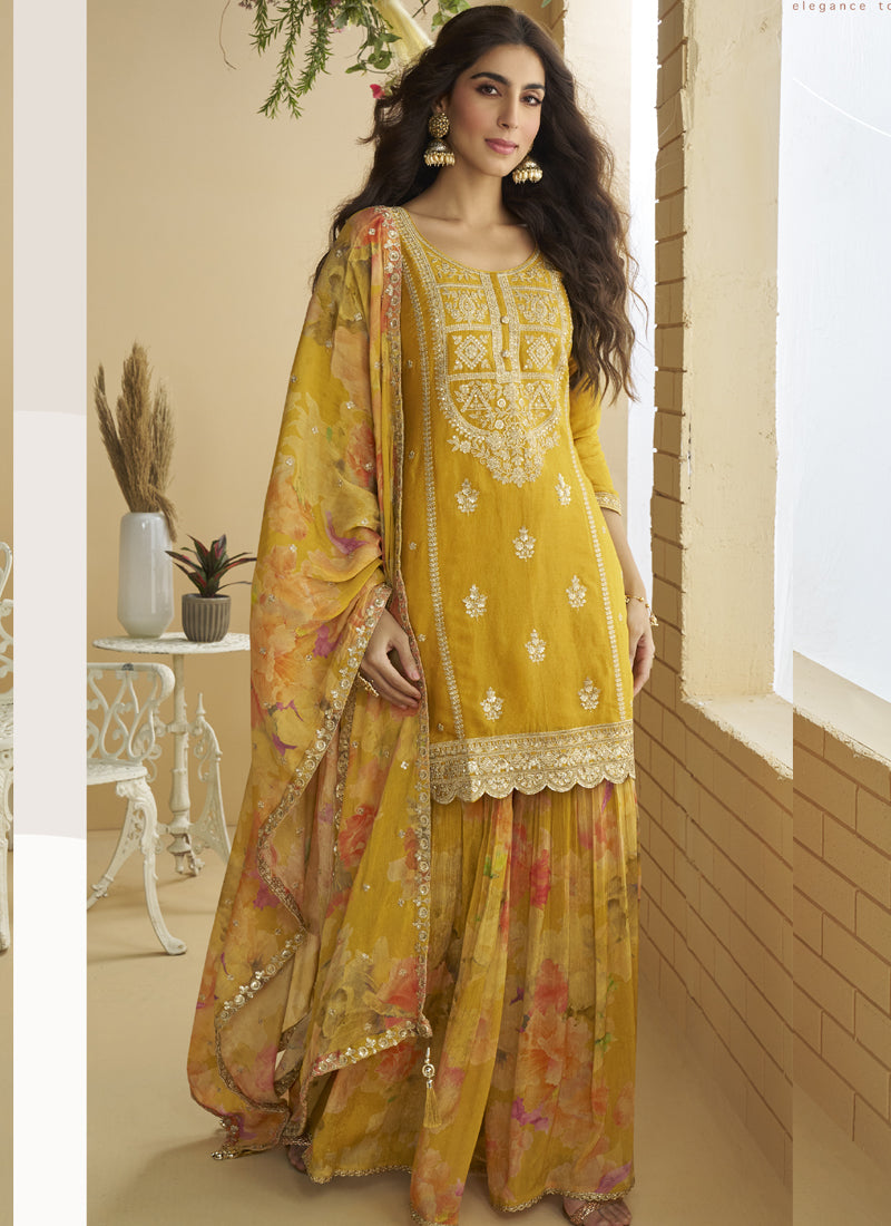 Vegaa Fashion Yellow Chinon Silk Embroidered Designer Palazzo Suit
