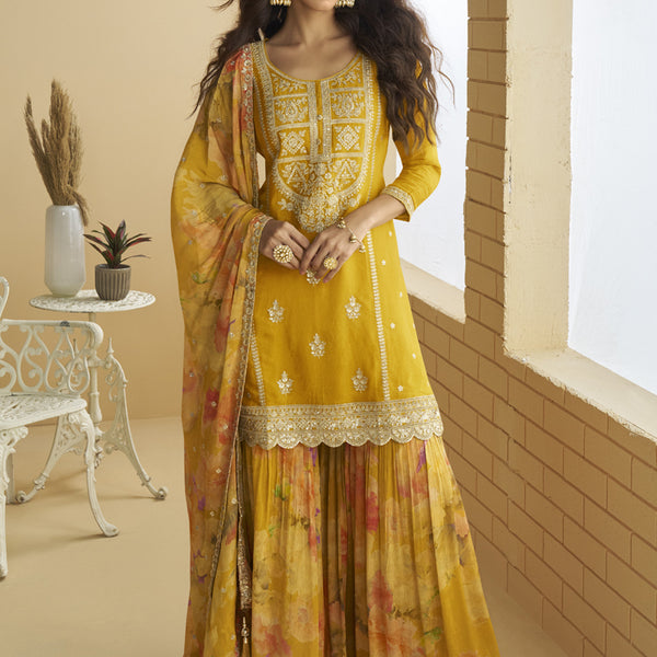 Vegaa Fashion Yellow Chinon Silk Embroidered Designer Palazzo Suit