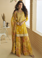 Thumbnail for Vegaa Fashion Yellow Chinon Silk Embroidered Designer Palazzo Suit