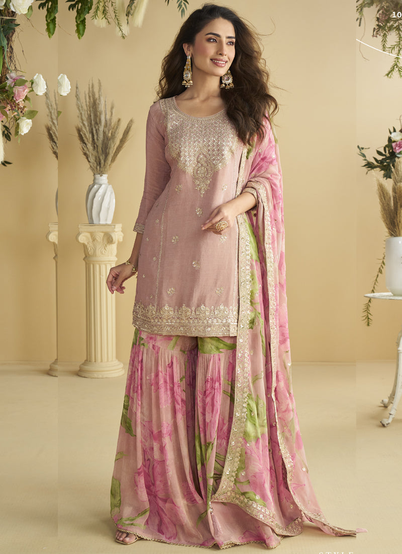 Vegaa Fashion Onion Pink Chinon Silk Embroidered Designer Palazzo Suit