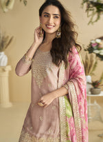 Thumbnail for Vegaa Fashion Onion Pink Chinon Silk Embroidered Designer Palazzo Suit