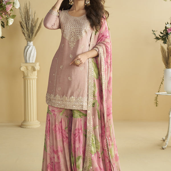 Vegaa Fashion Onion Pink Chinon Silk Embroidered Designer Palazzo Suit