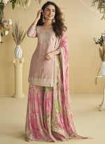 Thumbnail for Vegaa Fashion Onion Pink Chinon Silk Embroidered Designer Palazzo Suit