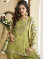 Thumbnail for Vegaa Fashion Pista Green Chinon Silk Embroidered Designer Palazzo Suit - Distacart