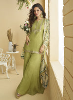 Thumbnail for Vegaa Fashion Pista Green Chinon Silk Embroidered Designer Palazzo Suit - Distacart