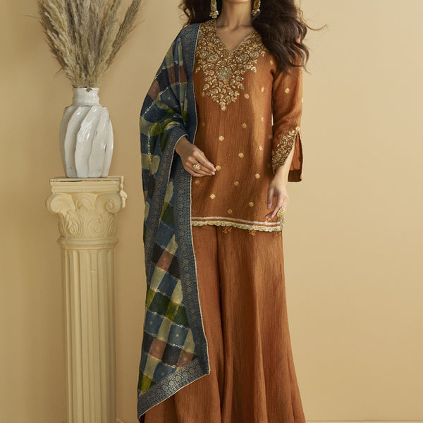 Vegaa Fashion Brown Chinon Silk Embroidered Designer Palazzo Suit
