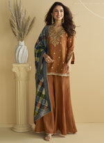 Thumbnail for Vegaa Fashion Brown Chinon Silk Embroidered Designer Palazzo Suit