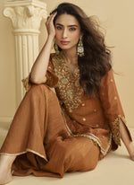 Thumbnail for Vegaa Fashion Brown Chinon Silk Embroidered Designer Palazzo Suit