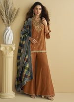 Thumbnail for Vegaa Fashion Brown Chinon Silk Embroidered Designer Palazzo Suit