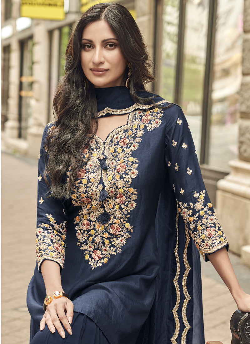 Vegaa Fashion Blue Premium Silk Embroidered Sharara Suit