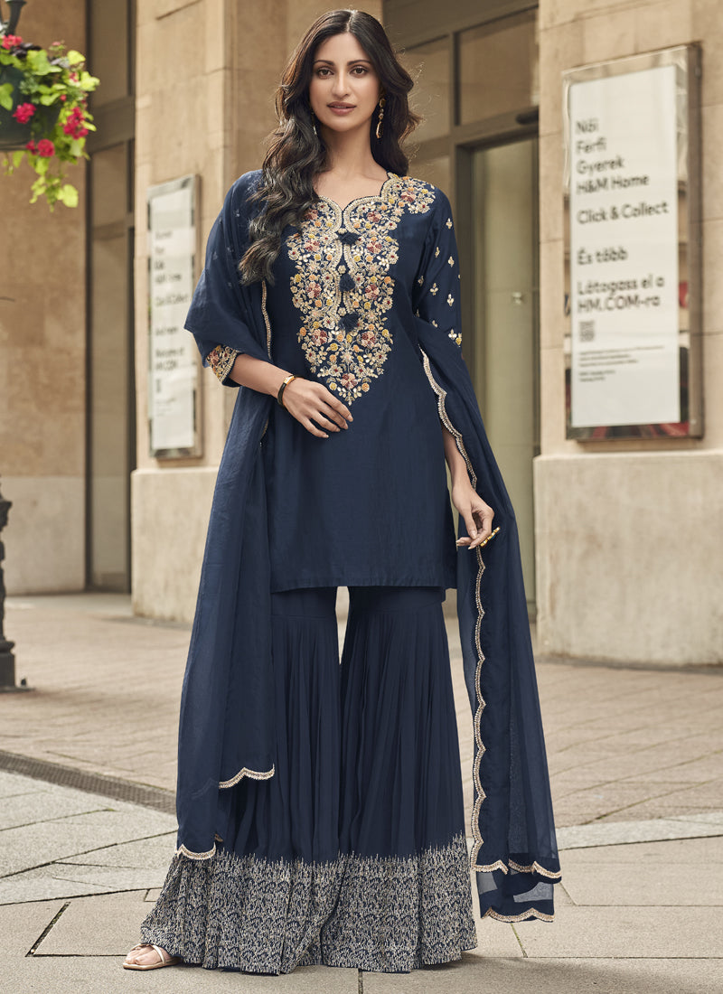 Vegaa Fashion Blue Premium Silk Embroidered Sharara Suit - Distacart