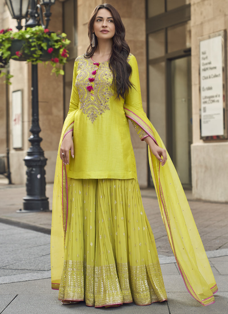 Vegaa Fashion Lime Green Premium Silk Embroidered Sharara Suit