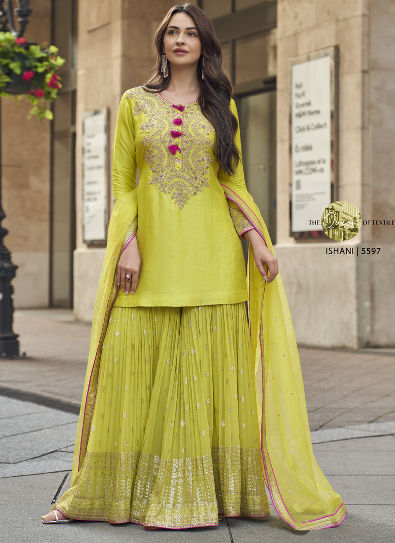 Vegaa Fashion Lime Green Premium Silk Embroidered Sharara Suit