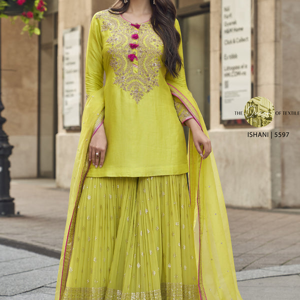 Vegaa Fashion Lime Green Premium Silk Embroidered Sharara Suit
