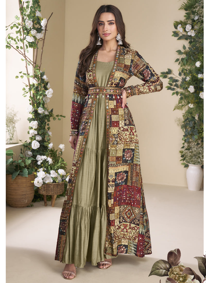 Vegaa Fashion Beige Georgette Embroidered Gown With Silk Sturg
