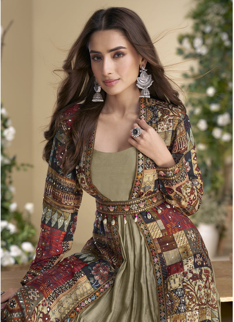 Vegaa Fashion Beige Georgette Embroidered Gown With Silk Sturg