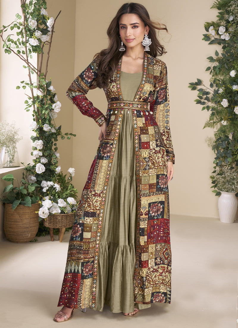 Vegaa Fashion Beige Georgette Embroidered Gown With Silk Sturg