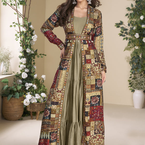 Vegaa Fashion Beige Georgette Embroidered Gown With Silk Sturg