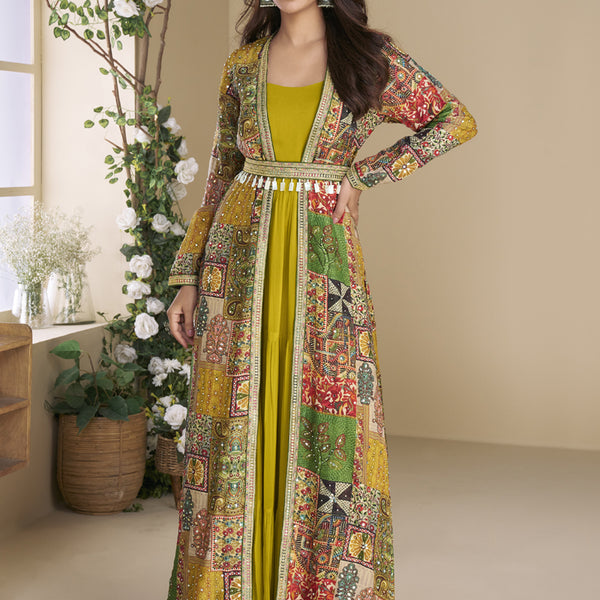 Vegaa Fashion Mustard Georgette Embroidered Gown With Silk Sturg