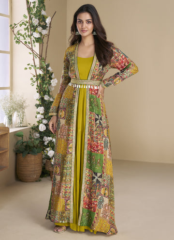 Vegaa Fashion Mustard Georgette Embroidered Gown With Silk Sturg - Distacart