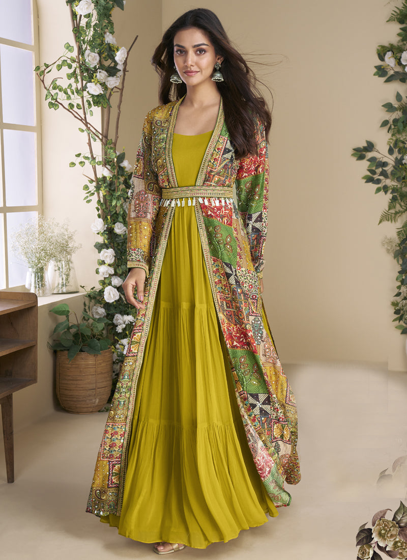 Vegaa Fashion Mustard Georgette Embroidered Gown With Silk Sturg