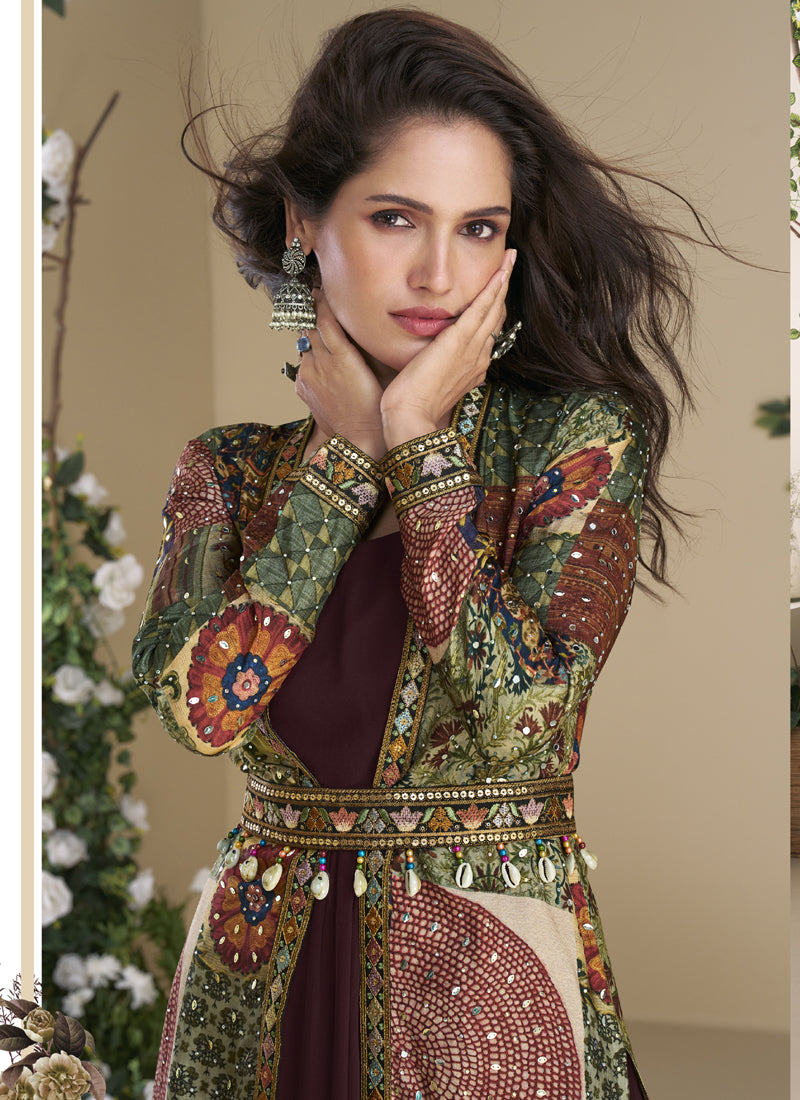 Vegaa Fashion Brown Georgette Embroidered Gown With Silk Sturg