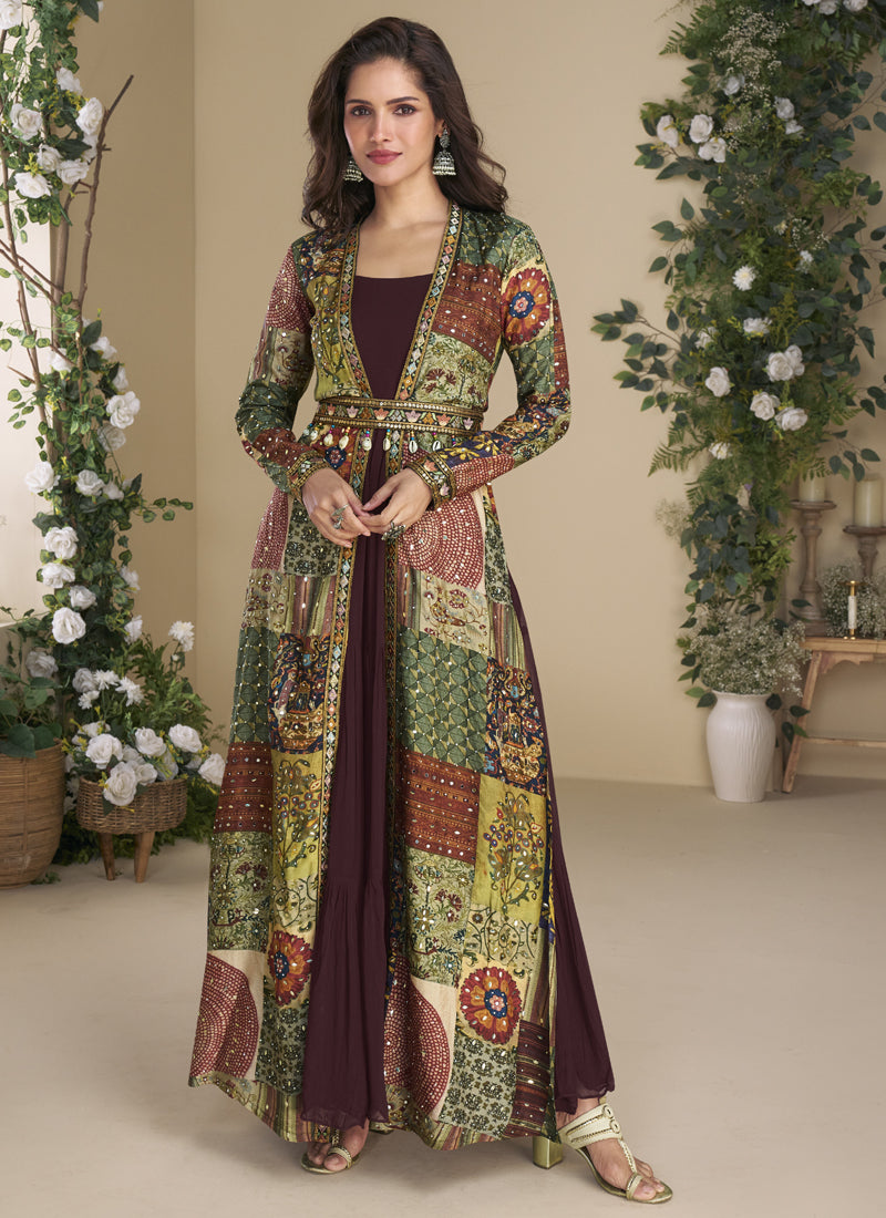 Vegaa Fashion Brown Georgette Embroidered Gown With Silk Sturg