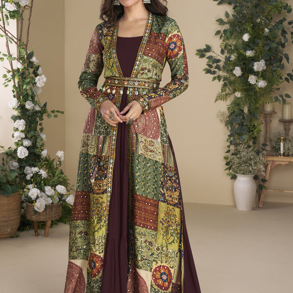 Vegaa Fashion Brown Georgette Embroidered Gown With Silk Sturg - Distacart