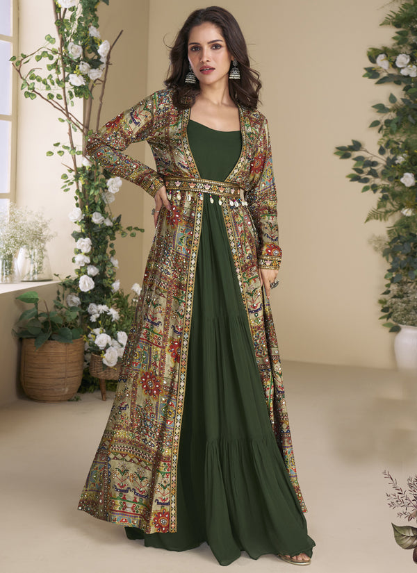 Vegaa Fashion Green Georgette Embroidered Gown With Silk Sturg
