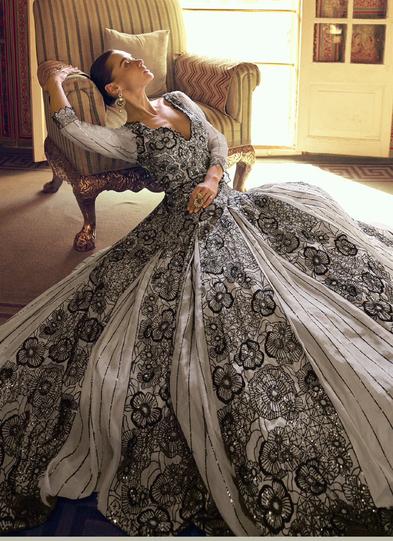 Vegaa Fashion Light Grey Viscose Shimmer Jacquard Silk Embroidered Gown