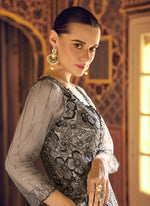 Thumbnail for Vegaa Fashion Light Grey Viscose Shimmer Jacquard Silk Embroidered Gown