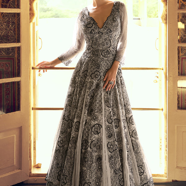 Vegaa Fashion Light Grey Viscose Shimmer Jacquard Silk Embroidered Gown