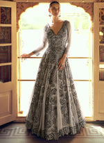 Thumbnail for Vegaa Fashion Light Grey Viscose Shimmer Jacquard Silk Embroidered Gown