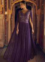 Thumbnail for Vegaa Fashion Violet Viscose Shimmer Jacquard Silk Embroidered Gown - Distacart