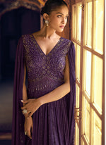Thumbnail for Vegaa Fashion Violet Viscose Shimmer Jacquard Silk Embroidered Gown - Distacart