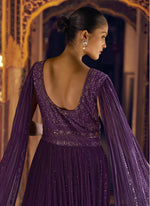 Thumbnail for Vegaa Fashion Violet Viscose Shimmer Jacquard Silk Embroidered Gown - Distacart