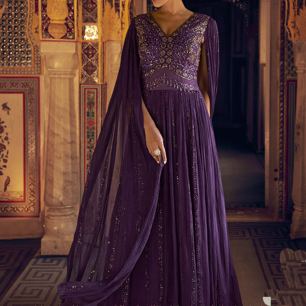 Vegaa Fashion Violet Viscose Shimmer Jacquard Silk Embroidered Gown - Distacart