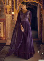 Thumbnail for Vegaa Fashion Violet Viscose Shimmer Jacquard Silk Embroidered Gown - Distacart