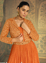 Thumbnail for Vegaa Fashion Orange Viscose Shimmer Jacquard Silk Embroidered Gown
