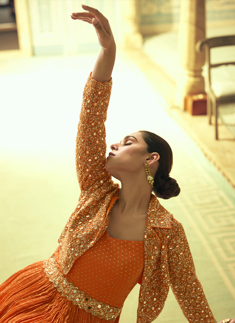 Vegaa Fashion Orange Viscose Shimmer Jacquard Silk Embroidered Gown